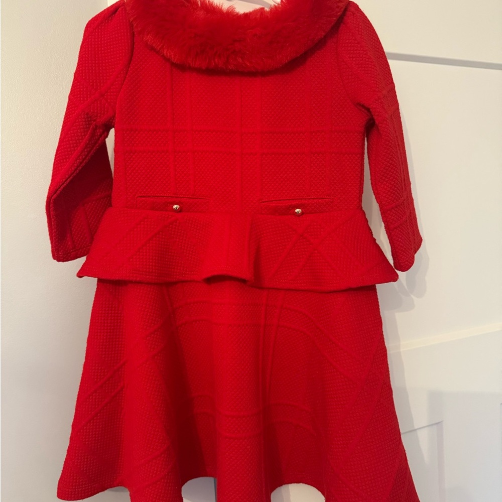 Janie and Jack Red Peplum Dress with Faux Fur Collar